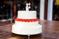 White wedding cake with bride and groom figurines on top Royalty Free Stock Photo